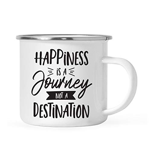 Andaz Press 11oz. Stainless Steel Campfire Coffee Mug Gift, Happiness is a Journey Not a Destination, 1-Pack, Birthday Christmas Metal Enamel Unbreakable Camping Camp Cup