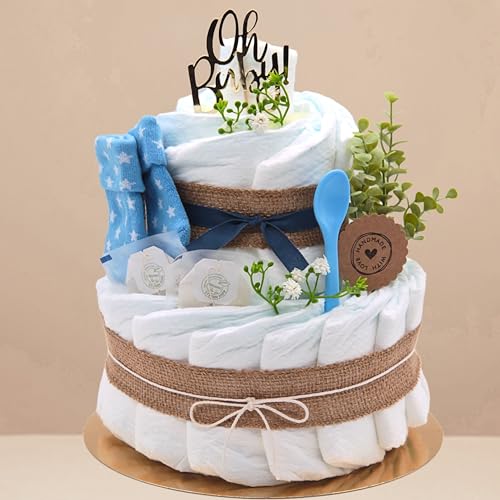 Trend Mama | Boho Windeltorte – 27 Windeln (Gr. 2), Babytee, Breilöffel, Babysocken – Jute-Look mit „Oh Baby“ Stecker –Handgemachtes Geschenk zur Geburt – Babyshower Geschenk Junge blau