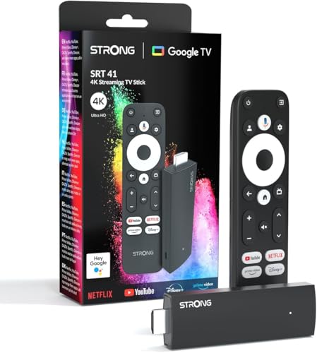 STRONG - Streaming Box Android TV 4K UHD - SRT41 - Google TV HDMI Key - Chromecast Built-in - Compatible con la Asistencia Vocal Google - Dolby Atmos - Fácil de Instalar - Formato Stick - Negro STRONG - Streaming Box Android TV 4K UHD - SRT41 - Google TV HDMI Key - Chromecast Built-in - Compatible con la Asistencia Vocal Google - Dolby Atmos - Fácil de Instalar - Formato Stick - Negro