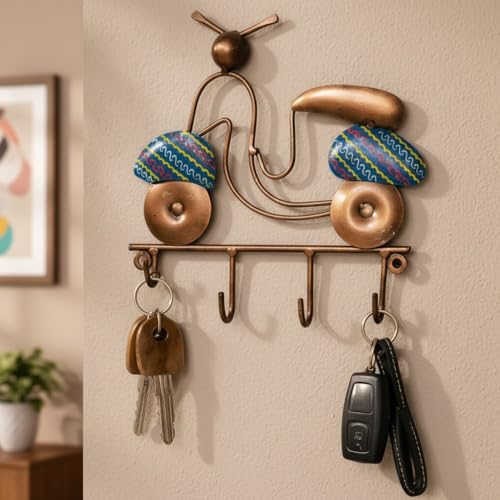 Image of Lamcy Plaza Wall Hanging Key Holder with Hooks | Durable & Lightweight Metal Key Chain Stand | Decorative Wall Mount Key Organizer for Office, Entrance & Home (Bike Design (Blue))