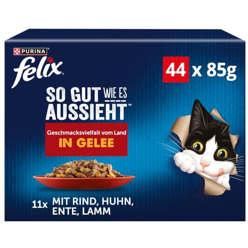 FELIX So gut wie es aussieht Nassfutter für Katzen Geschmacksvielfalt vom Land Vorteilspack, 44 praktische Portionsbeutel, zarte Stückchen in Gelee, 4 leckere Sorten, 100% vollständige Ernährung