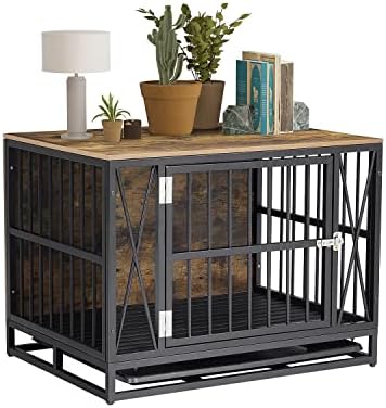 Furniture Style Dog Crate, 32" Wooden Dog Kennel with Tray and Lockable Door, Dog Cage End Table for Small & Medium Dogs, Rustic Dog Crate House Cage Indoor