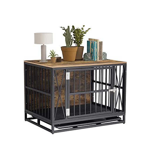 Furniture Style Dog Crate, 32" Wooden Dog Kennel With Tray And Lockable Door, Dog Cage End Table For Small & Medium Dogs, Rustic Dog Crate House Cage Indoor #TOP2