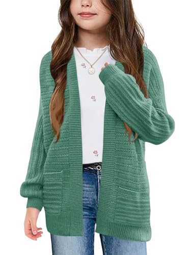 Image of Haloumoning Kids Girls Open Front Cardigan Sweaters Long Sleeve Cable Knit Fashion Clothes with Pockets 5-14 Years