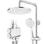 Rainsworth Shower Riser Rail Kit Chrome, 10" Round Rainfall Overhead, 3 Jet Types Handheld Shower, Height Adjustable Shower Set Without Tap, Brass Diverter