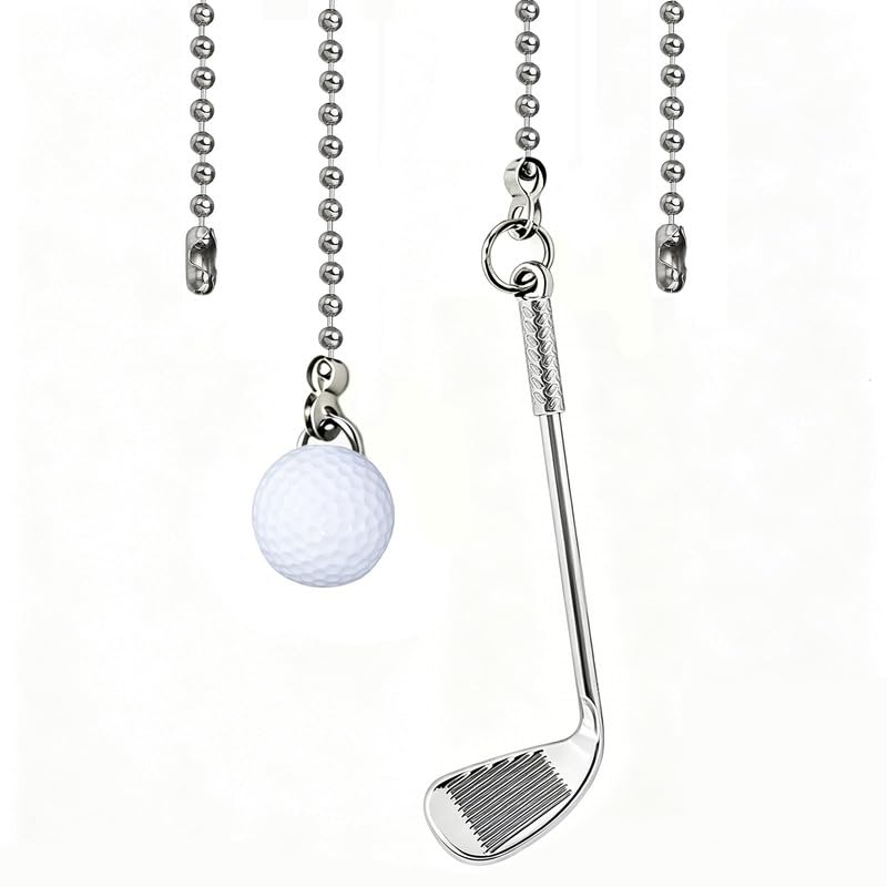Image of 2pcs Ceiling Fan Pull Chain Ornament, 12 inch Ball Chain Golf Ball Set Fan Light Pulls for Kid Room Decorative Extension,Sliver Chain