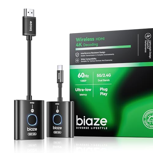 biaze USB C Wireless HDMI Transmitter and Receiver, 165 FT/50M Plug & Play Portable 5G+2.4G Extender 4K Decode Input 1080P@60Hz Output for Video and Audio to Monitor from PC/Projector/TV Box