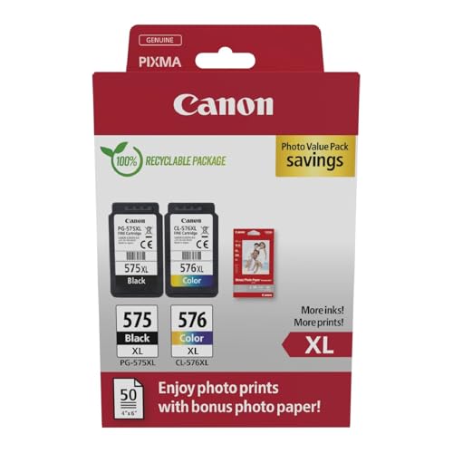 Canon PG-575XL / CL-576XL High Yield Genuine Ink Cartridges, Pack of 2 (1 x Black, 1 x Colour); Includes 50 Sheets of 4x6 Photo Paper - Cardboard Multipack