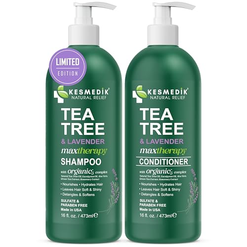 KESMEDIK Tea Tree Lavender Shampoo & Conditioner Set with Mint & Rosemary, Cleanses, Cools & Soothes Dry, Itchy Scalp, Sulfate & Paraben-Free, For All Hair Types, 16 fl oz Each