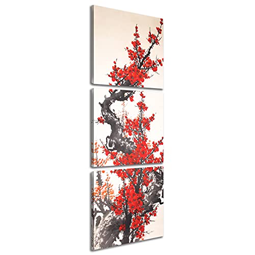 NAN Wind 3 Panels Modern Giclee Canvas Prints Small Size Traditional Chinese Painting of Plum Blossom Canvas Prints Wood Framed Red Plum Blossom Wall Art Plum Flowers Print Painting