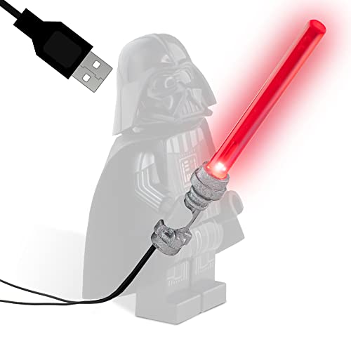 Movoja Espada láser con conector LED y USB, compatible con Star Wars, cable de 80 cm, superfino, para minifiguras, mango plateado, (rojo, 80 cm)