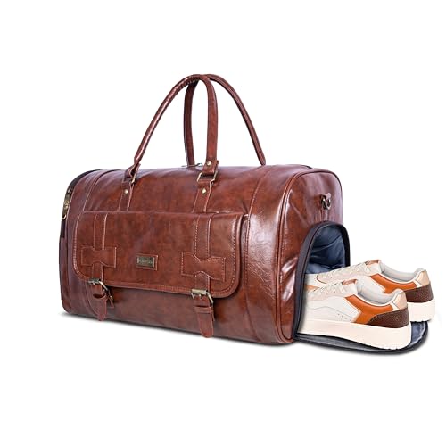 Image of Faux Leather Travel Duffle Bag 40L | Gym & Weekend Travel Bag with Shoe Compartment | Water Resistant Large Overnight Bag for Men & Women | Stylish Brown Carry Bag