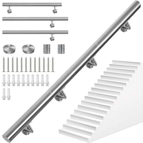 OUUTMEE 250CM Main Courante pour Escaliers en Acier Inoxydable, Rampe d'Escalier Murale avec Supports, Intérieure/Extérieure Main Courante pour Escaliers, Grenier,...