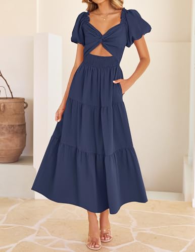 Image of ZESICA Womens Summer Casual Flowy Vacation Maxi Dress 2026 Short Puff Sleeve A Line Smocked Cutout Beach Party Dresses