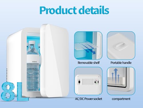Image of Mini Fridge for Bedroom - 8 Liter /8 Can Portable Refrigerator for Car, Office, Dorm - Quiet Cooler & Warmer for Food, Drinks, Makeup & Skincare - AC /DC Power Supply