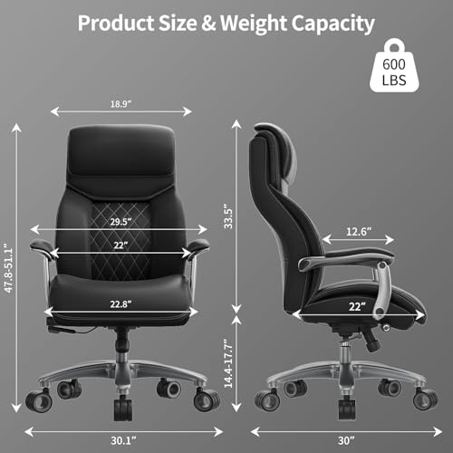 Image of Big and Tall Office Chair with Wide Area Armrest, 600lbs Heavy Duty Desk Chair with Adjustable Lumbar Support, PU Leather High Back Ergonomic Executive Computer Chair