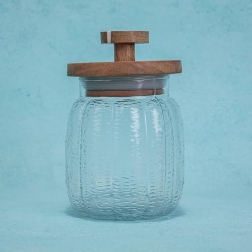 Image of Ireka Home Ripple Glass Jar with Wooden Lid | Multipurpose Stackable Glass Jar with Lid | Storage Container for Dry Fruits Grains Pulses Cereals Cookies