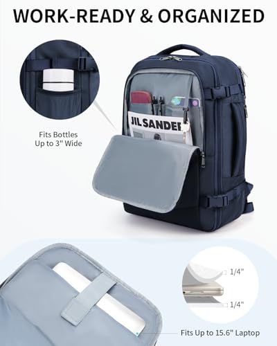 Image of ECOHUB Carry On Travel Backpack, Expandable Airlines Personal Item Bag 18x14x8, Water Resistant 17 inch Laptop Backpack Flight Approved, 12 Pockets 30L Work Backpacks with Wet Pocket Cable Slot, Blue