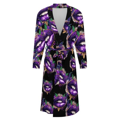 Mardi-Gras Glitter Lips Soft Robe Long Sleeve Bathrobes V Neck Sleepwear Spa Robes with Belt Men Woman4