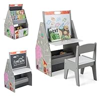 Maxmass Kids Art Table and Chair, Wooden Children Activity Play Table with Double-sided Art Easel, 2-Tier Bookshelf, Storage Bin, Toddler Craft Table Set for Drawing, Studying, Eating (Grey)