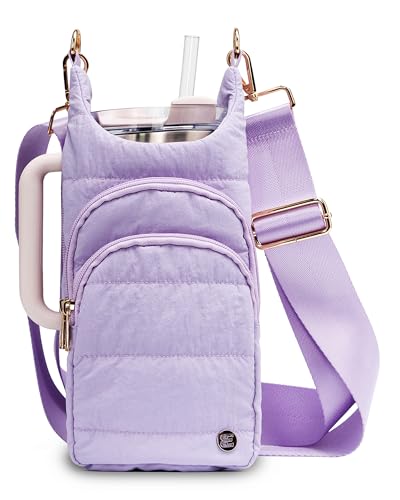 Elmklare Water Bottle Holder with Strap for 30/32 oz Crossbody Water Bottle Carrier Bag with RFID Blocking Phone Pocket for Gym Hiking Walking Travel Purple