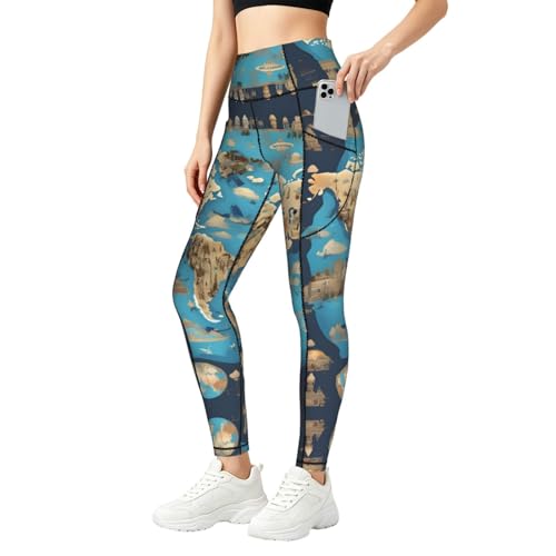 Leggings con estampado de mapa geografía mundial con bolsillos elásticos y térmicos