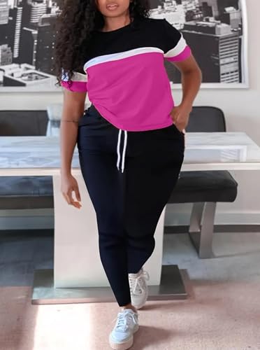 LovelyWholesale Plus Size 2 Piece Outfits for Women Color Block Tracksuit Short Sleeve Top and Pants Set2