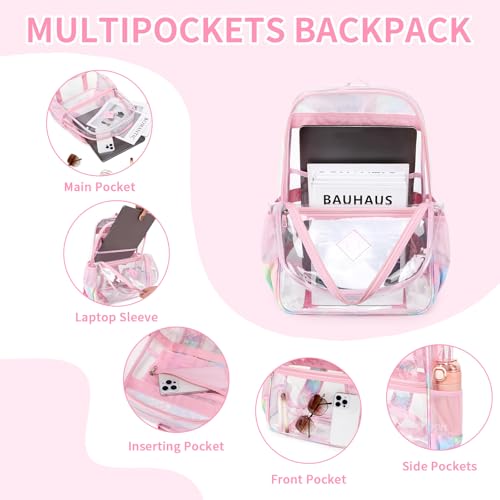 Image of MUSEVOS Clear Backpack for School, Heavy Duty PVC Transparent Bookbag for Girls Stadium Approved See Through Backpack, Pink Tie-Dye