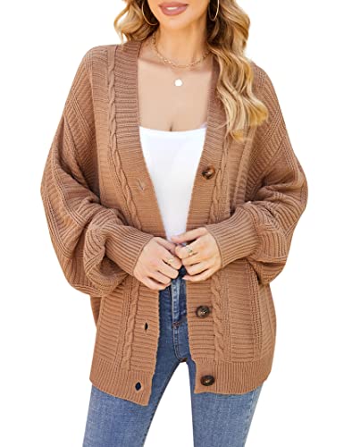 Clearlove Chaqueta de punto para mujer, manga larga, cuello en V, con botón hacia abajo, elegante, suelta, frontal, abierta, monocolor, chaqueta informal, para otoño, invierno, caqui, XL