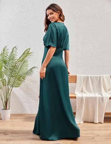 Image of S・DEER SDEER Women's Deep V Neck Maxi Dress Satin Flutter Short Sleeve A Line Long Gown Dresses Formal Party Dress(Green,M), Medium