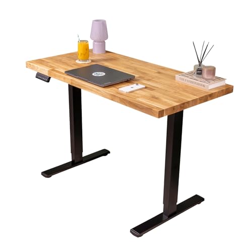 Image of domli D2 Electric Standing Office Desk With Solid Oak Wood Top | 1200mm x 600mm x 40mm Desktop | Sit Stand Adjustable With Control Panel, Heavy Duty Black Metal Frame