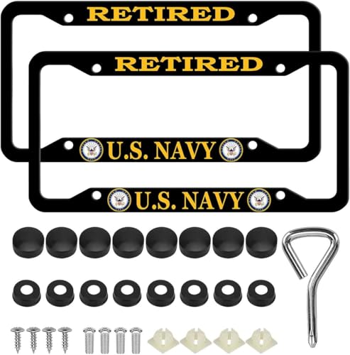Image of 2PCS License Plate Frames for Retired U.S.Navy,Car License Plate Bracket Holder, Premium Aluminum Alloy Weather Proof License Plate Covers with Screw Caps Cover Set Car Accessories