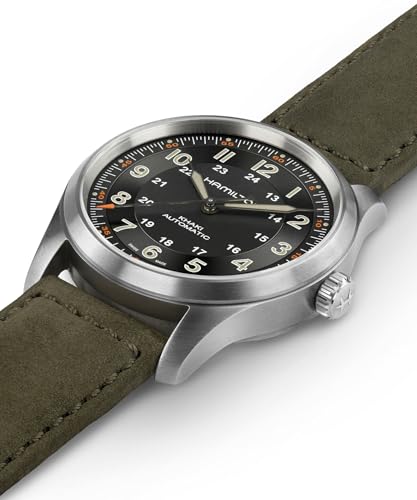 Image of Hamilton Khaki Field Titanium Automatic Men's Watch, 38mm Titanium Case, Swiss Made, Black Dial Analog Wrist Watch for Men, 100m Waterproof, Sapphire Crystal, 3-Hand Movement, Cow Leather Strap