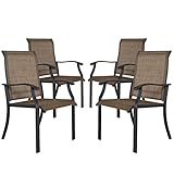 NUU GARDEN 4 Piece Outdoor Patio Dining Chairs, Textilene Dining Chairs with High Back, Patio Furniture Chairs with Armrest, Iron Frame for Lawn Garden Backyard Deck, Black and Brown