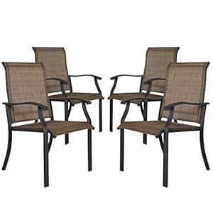 NUU GARDEN 4PCS Outdoor Patio Dining Chairs, Textilene Dining Chairs with High Back, Patio Furniture Chairs with Armrest, Iron Frame for Lawn Garden Backyard Deck, Black and Brown