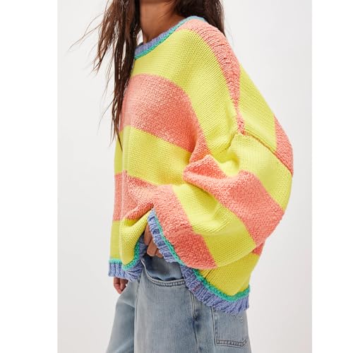 Women Vintage Pullover Sweater Y2k Crewneck Long Sleeve Preppy Oversized Color Block Knit Sweaters Tops2