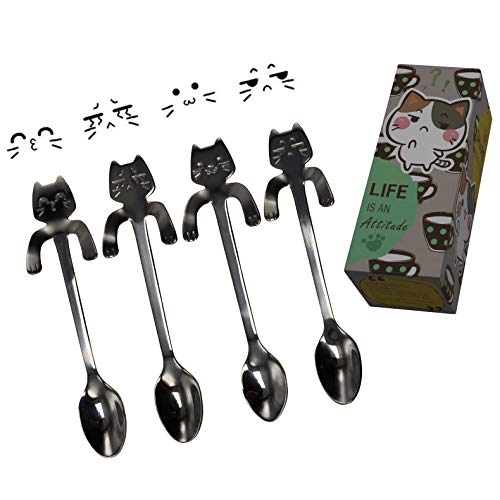 YUX Cuchara de café de acero inoxidable de 4 piezas Mini Cat Kitty Cover