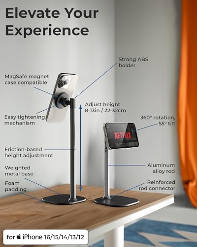 Cooper MagStand - Height Adjustable iPhone Stand for Desk | Magnetic iPhone Stand for Video Recording, iPhone Holder for Desk, iPhone MagSafe Stand for iPhone 16 (Pro Max Plus) 15/14/13/12 (Black) - Thumbnail 6