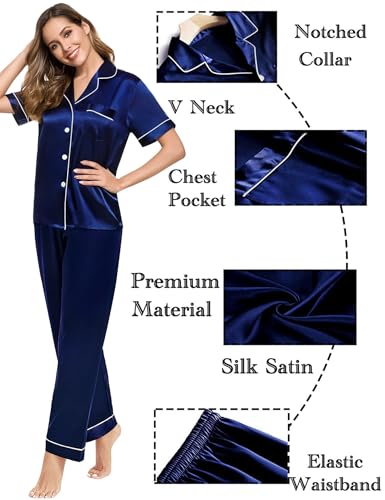 Image of SWOMOG Women Satin Pajamas Set Short Sleeve Top & Pants Sleepwear Silky Button Down Nightwear 2pcs Loungewear Pjs Set Deep Navy Blue X-Large