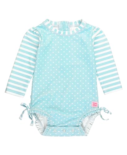 Image of RuffleButts Baby Girls UPF 50+ Sun Protection Gingham Printed Long Sleeve One Piece Rash Guard Swimsuit with Zipper