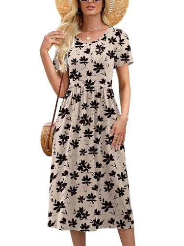 Image of Heymoments Women's Casual Short Sleeve Midi Dress Crewneck A Line Tiered Flowy Loose Travel Long Dresses with Pockets