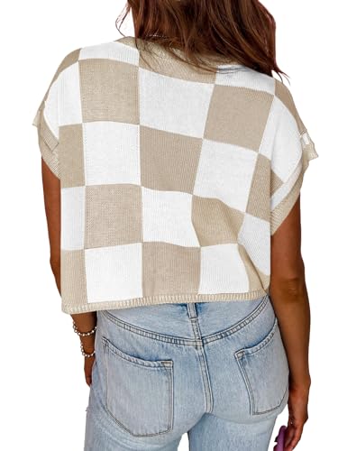 Image of Saodimallsu Womens Cap Sleeve Crop Tops Summer Color Block Knit Sweater