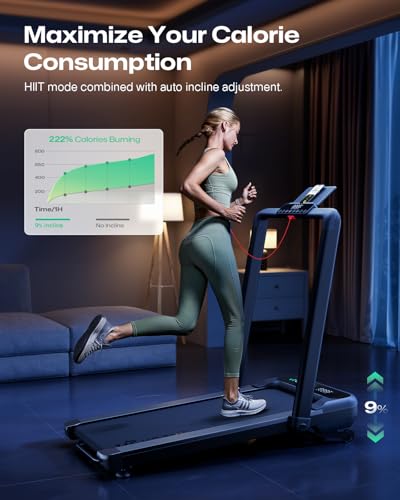 Image of UREVO Smart Treadmill with 9% Incline, 3-in-1 Foldable Treadmill with Handle for Home /Office Fitness, Runner-Focused Design, 6 HIIT Programs & Auto Incline Follow Mode, 2 Display Screens, Plug & Play
