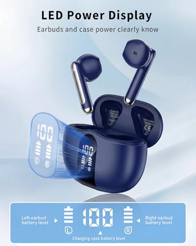 Image of Wireless Earbuds, 2026 Bluetooth 5.4 Headphones Bass Stereo Ear Buds with Noise Cancelling Mic, LED Display in Ear Earphones 50H Playtime Ear Buds, IP7 Waterproof for Laptop Pad Phones Deep Blue