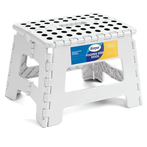 Korpai 9" Folding Step Stool for Adults and Kids Holds Up to 300 lbs,Non-Slip Folding Stools with Portable Handle, Compact Plastic Foldable Step Stool for Bathroom,Bedroom, Kitchen,White,1PC