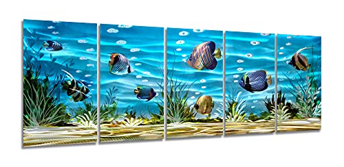 SYGALLERIER School Of Fish Metal Wall Art Handcrafted 3D Coastal Aluminum Artwork Modern Abstract Sea Styles Wall Accent in Blue Green Silver Color for Living Room Bedroom Bathroom Decor