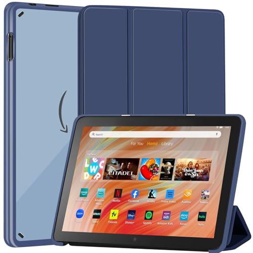 Schlanke Hülle für Amazon Kindle Fire HD 10/10 Kid / 10 Kid Pro (13. Gen, 2023) 10.1 Zoll – PU-Leder-Cover mit Dreifach-Ständer, klarer PC-Rückseite, 2 Neigungswinkeln und Auto Wake/Sleep,Tiefblau