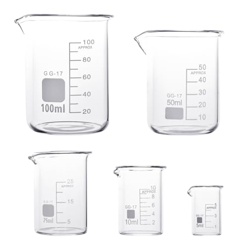 EMNIMQ 5 pièces Bécher en Verre de Laboratoire, Bécher Gradué en Verre Borosilicate 5ml 10ml 25ml 50ml 100ml pour Laboratoire et Cuisine verrerie et...