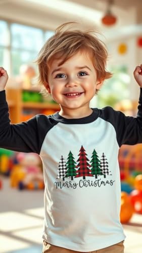 Image of Toddler Christmas Shirts for Boys and Girls Merry Christmas Plaid Monster Truck Tree Graphic Long Sleeve Xmas Tee Tops