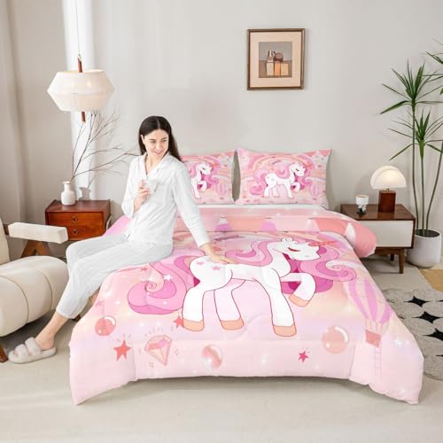 Image of Erosebridal Unicorn Bedding Set for Girls King Kawaii Rainbow Unicorn Comforter Set Unicorn Bedroom Decor for Girls Kids Cartoon Horse Duvet Set Ombre Unicorn Stars Quilt Comforter Pink 3 Pcs